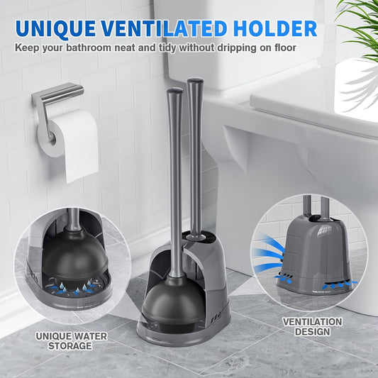 Dluxe Ave. Toilet Plunger and Brush Silicone Bowl Brush and Heavy Duty Toilet Plunger Set with Ventilated Holder 2-in-1 Toilet Brush and Plunger Combo for Bathroom Cleaning (Gray 1 Set)