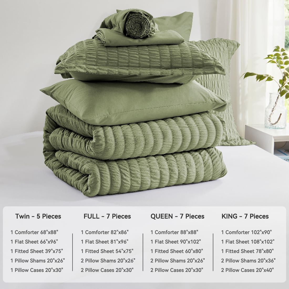 Dluxe Ave. ( FULL ) 7 Pcs Comforter Set/ Seersucker Bed in a Bag/ Olive Green