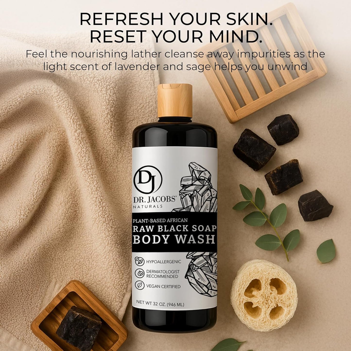 Dluxe Ave. Dr Jacobs Naturals Authentic African Raw Black Soap All-In-One Cleanser for Face Wash Sensitive Skin Body Wash Shampoo Shaving Soap 32oz 2pk