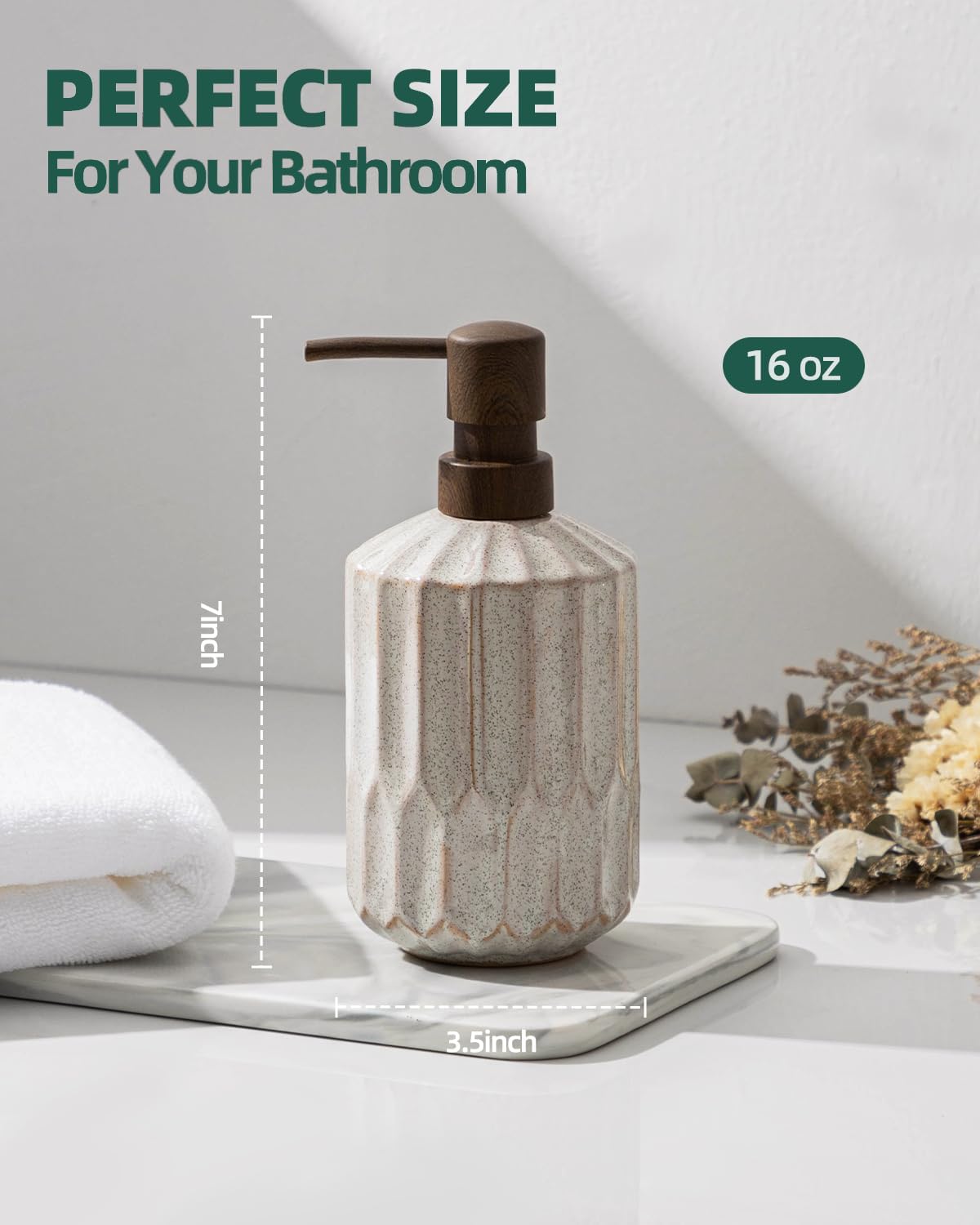 Dluxe Ave. 16 Oz Luxurious Hand soap Dispenser for Bathroom / Ceramic, with Plastic Pump (Wooden Color Pump)