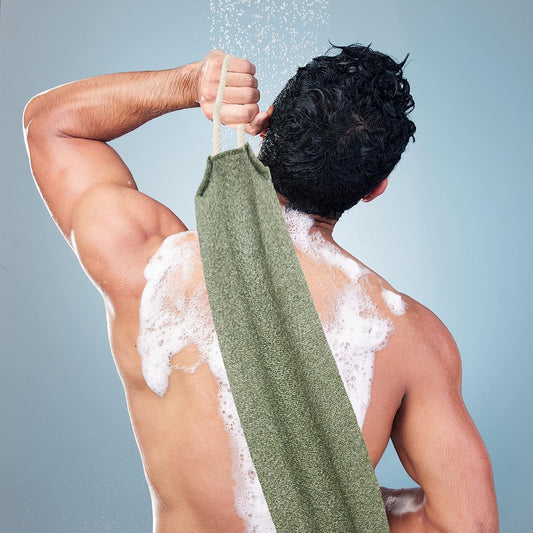 Dluxe Ave. Evohyah Scrubber Back for Shower Extended Length Scrubber Towel Exfoliating Washcloth Body Scrub Sponge Shower Loofah with Handle for Women Men Deep Clean Body Skin Massages (Gray&green2)
