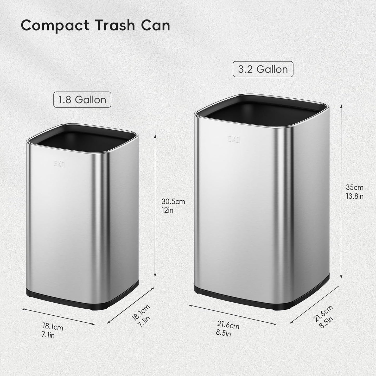 Dluxe Ave. EKO 2-Pack Stainless Steel Open Top Trash Can with Removable Inner Basket Square Small Garbage Can 1.8 + 3.2 Gallon Wastebasket Combo Trashcan for Kitchen Bathroom Office Home