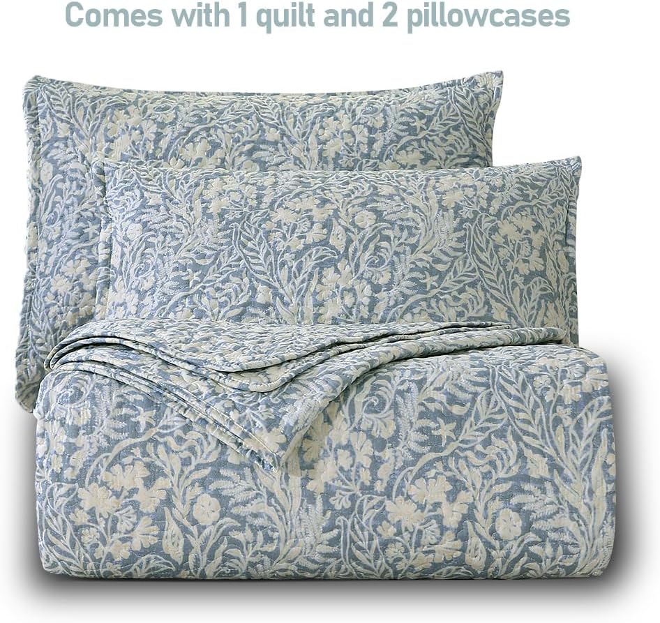 Dluxe Ave. (CALI.KING) Bluish Grey Botanical Quilt Set 3Pcs for All Season