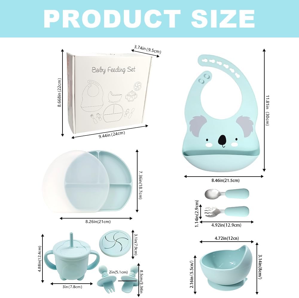 Dluxe Ave.Silicone Baby Feeding Set Baby Led Weaning Supplies with Suction Bowl Divided Plate Toddler Self Feeding Dish Set with Spoons Forks Sippy Cup Adjustable Bib Eating Utensils (Blue)