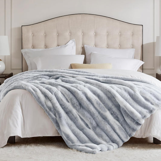 Dluxe Ave. ( TWIN ) Luxury Fluffy Faux Rabbit Fur Throw Blanket, Ultra Soft Cozy, (Snow Lynx) 60"x80"