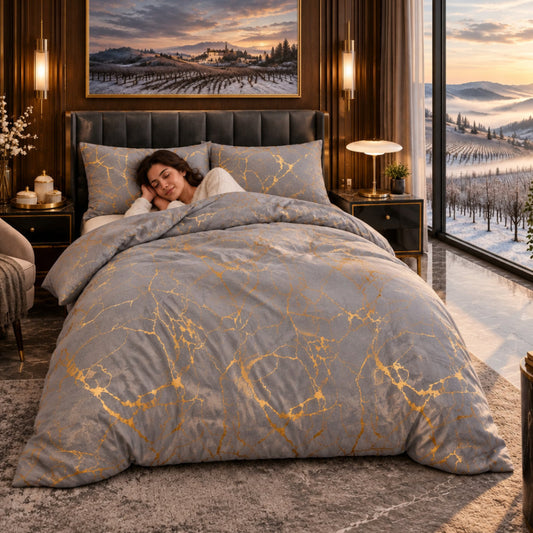 Dluxe Ave. (KING) 3Pcs Comforter Bedding Set/ Grey & Gold Mable