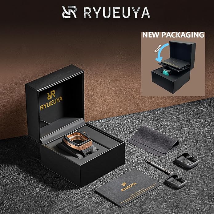 Dluxe Ave. RYUEUYA Luxury Stainless Steel Case Rubber Band for Apple Watch 44/45mm Quick Release Replacement Leather Bands for Series 9/8/7/6/5/SE IwatchR-BR