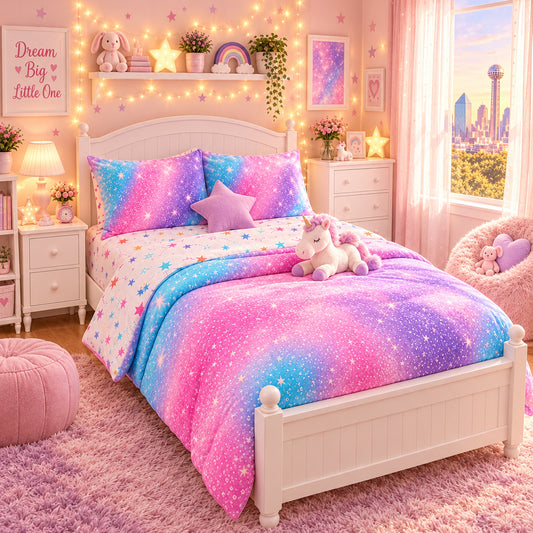 Dluxe Ave. (TWIN) 6 Pcs Comforter and Bedding Set/ Pink Purple & Blue