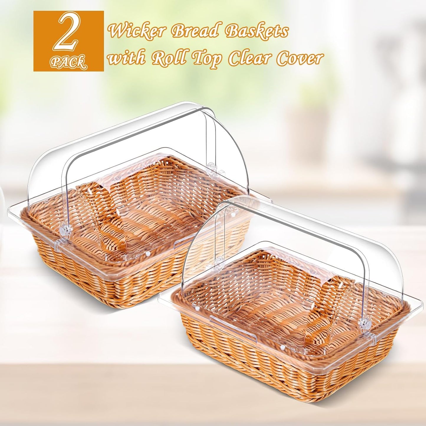 Dluxe Ave. 2 Sets Bread Baskets with Acrylic Lids and Kitchen Serving Tongs (13.78 x 10.63 Inch)