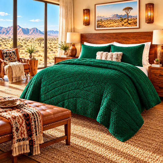 Dluxe Ave. (FULL) 3 Pcs Comforter Set, Furry Leaves Pattern/Faux Fur Velvet Bedding/ Green