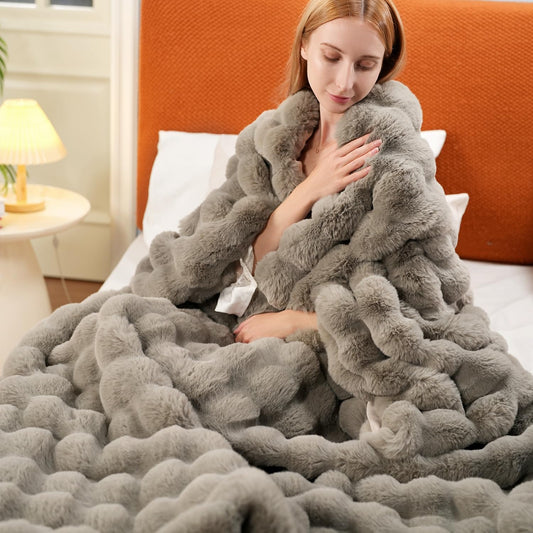Dluxe Ave. ( TWIN ) Oversized Warm Thick Bubble Double Sided Plush Rabbit Faux Fur Throw Blanket, Fluffy Soft Cozy(Grey) 60 x 80