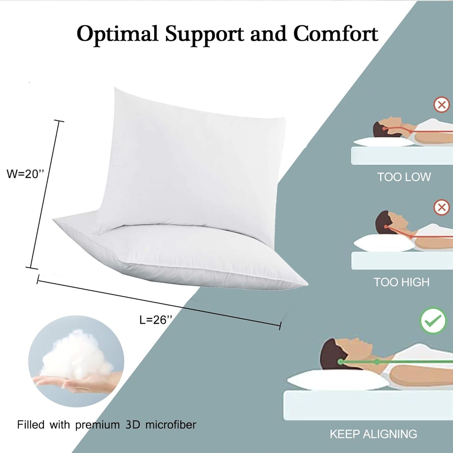 Dluxe Ave. ( STANDARD ) Comfy Pillows, set of 4, { SOFT/ THIN }(20x26in )