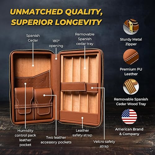 Dluxe Ave. Travel Cigar Humidor Case / Leather Cigar Case/ Cigar Lighter And Cutter