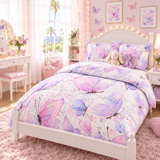Dluxe Ave. (TWIN) 3 Pcs Comforter and Bedding Set/ Butterflies Pink & Purple