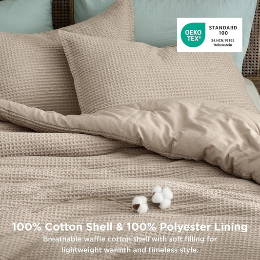 Dluxe Ave. ( KING ) 3 Pcs Waffle Comforter Set, Soft Cotton, for All Seasons, Khaki