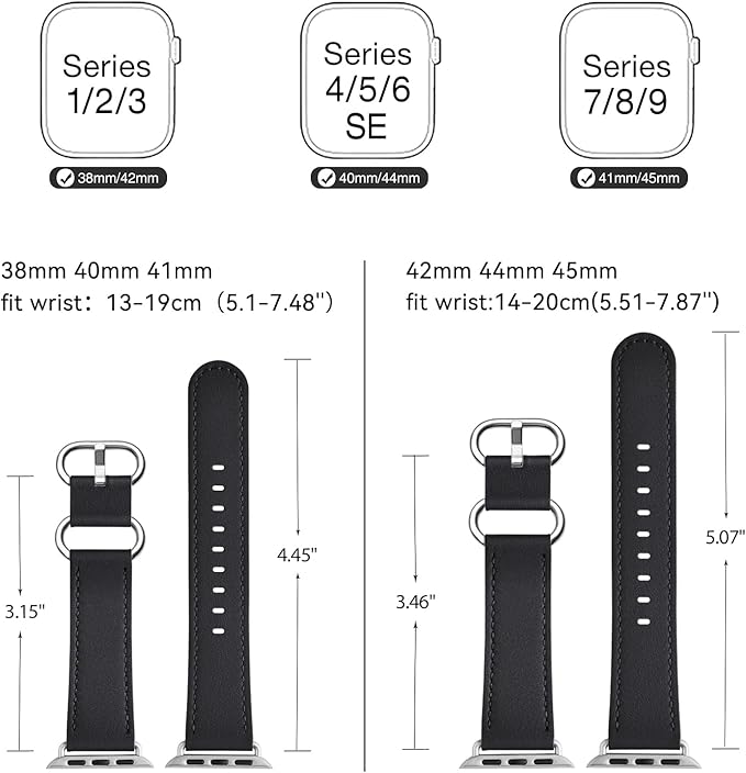 Dluxe Ave. WFEAGL Compatible for Leather Apple Watch Band 42mm 44mm 45mm Women Genuine Leather Replacement Strap Wristband for iWatch Band Apple Watch SE Series 9 8 7 6 5 4 3 2 1(Black/Silver)