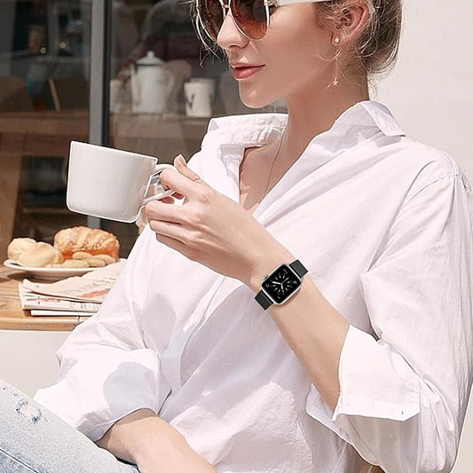 Dluxe Ave. WFEAGL Compatible for Leather Apple Watch Band 42mm 44mm 45mm Women Genuine Leather Replacement Strap Wristband for iWatch Band Apple Watch SE Series 9 8 7 6 5 4 3 2 1(Black/Silver)
