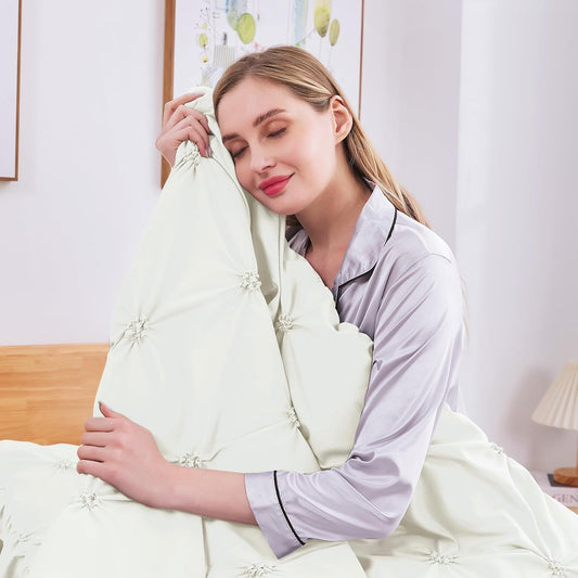 Dluxe Ave. ( QUEEN ) 7 Pcs Comforter Sets/ Pintuck Bed in a Bag Comforter Set/ Ivory