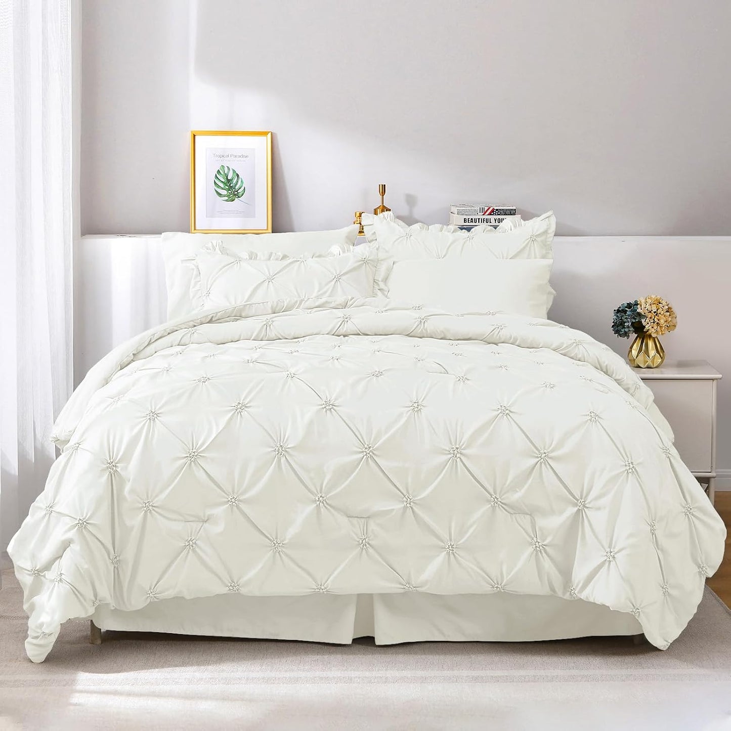 Dluxe Ave. ( QUEEN ) 7 Pcs Comforter Sets/ Pintuck Bed in a Bag Comforter Set/ Ivory