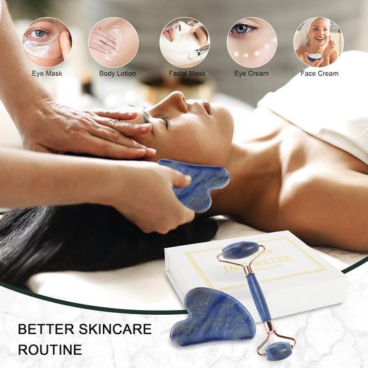 Dluxe Ave. XYZBSTAR Jade Roller for Face Facial Roller Massager Skin Care Tool Gua Sha Facial Tools for Face Neck Eyes Reduce Puffiness of The Skin(Blue)