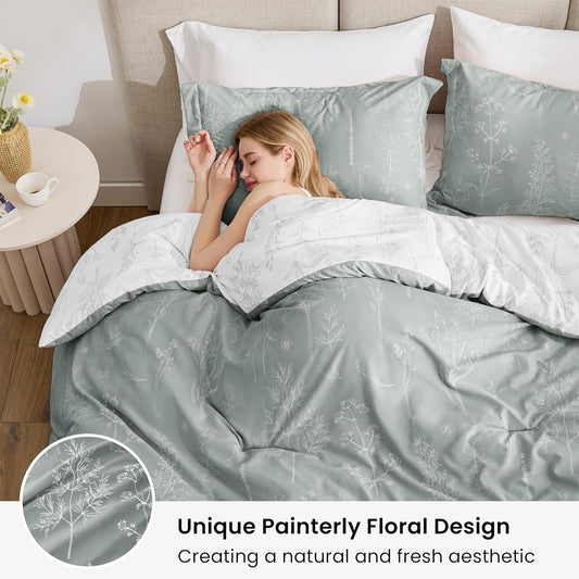 Dluxe Ave. ( KING ) 3 Pcs Comforter Set/ Cute Floral Bedding for All Seasons/ Reversible Botanical Flowers/ Grey