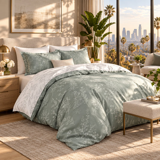 Dluxe Ave. (KING) 3 Pcs Comforter Set/ Reversible Botanical Flowers/ Grey