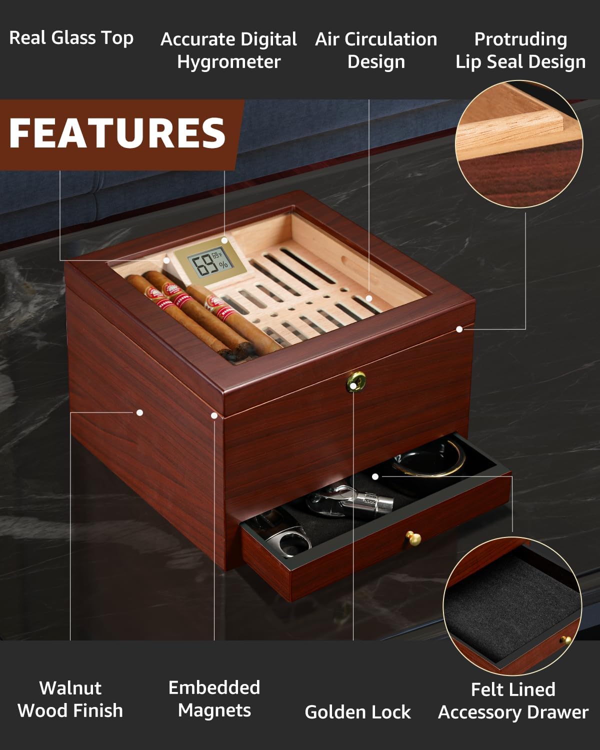 Dluxe Ave. Cigar Humidor with Lock Air Circulation System up to 70 Cigars