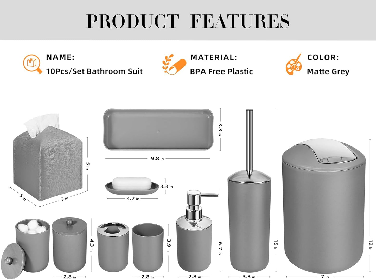 Dluxe Ave. ALPIRIRAL Grey Bathroom Accessories Set 10Pcs Bathroom Accessory Set with Trash Can
