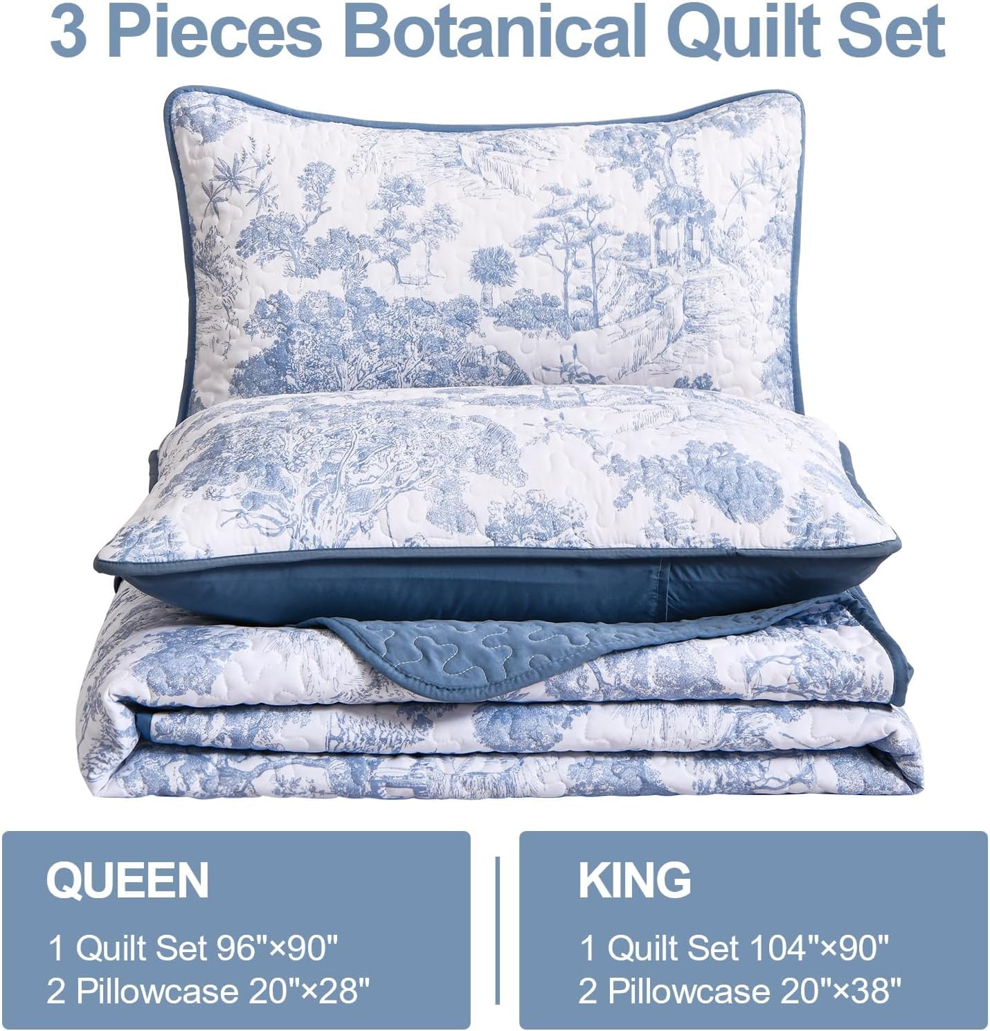 Dluxe Ave. ( FULL) Blue Quilt 3 Pieces Botanical Bedspreads Set/ for All Seasons/ Blue