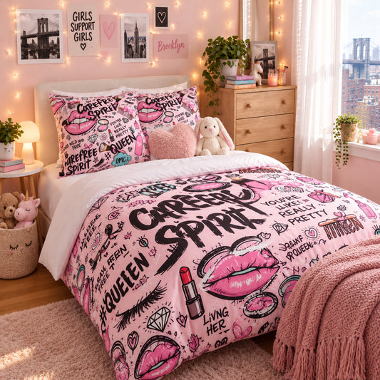 Dluxe Ave. (QUEEN) 3Pcs Comforter and Bedding Set/ Pink