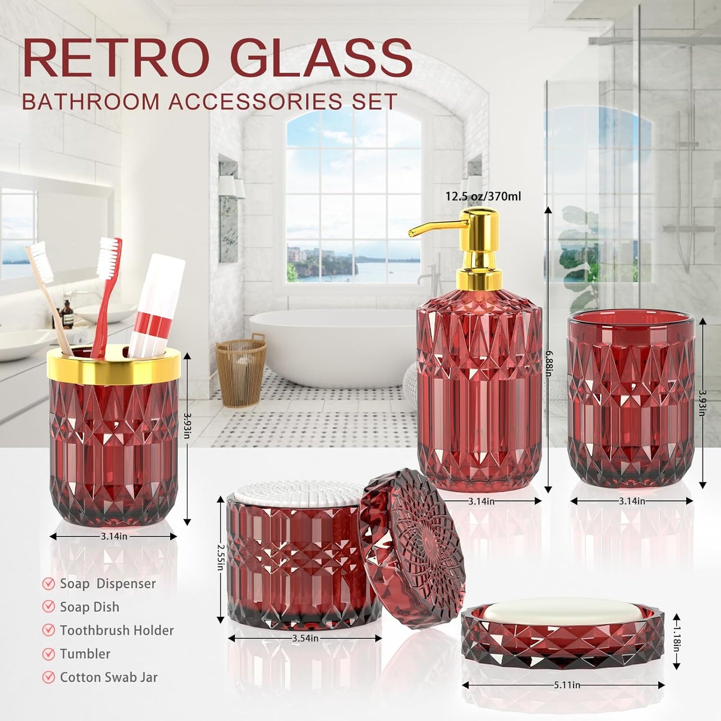 Dluxe Ave. 5Pcs Bathroom Accessories Set Glass Soap Dispenser Set