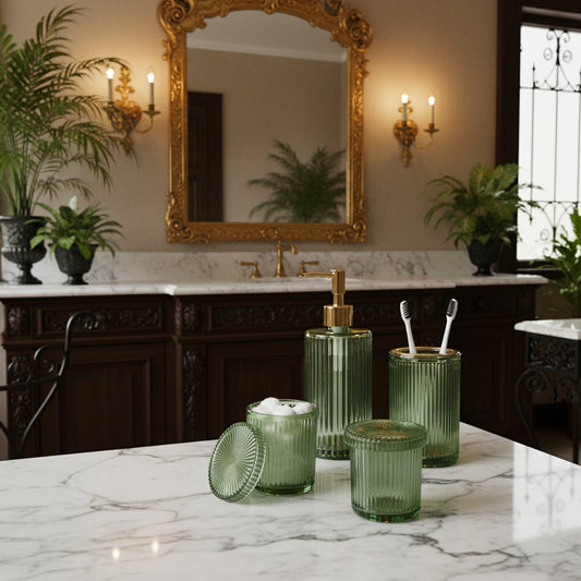 Dluxe Ave. Green Glass Bathroom Accessories 4 Pcs/ Vintage Green
