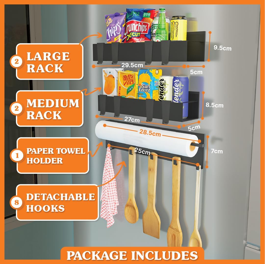Dluxe Ave. 5-pack magnetic spice rack for refrigerator with Paper tower holder/ and 8 detachable hooks