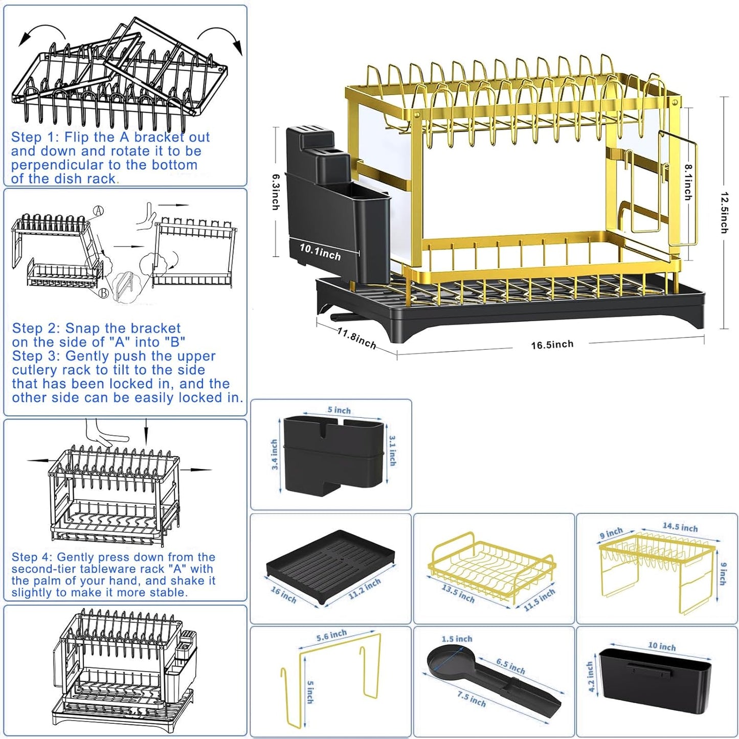 Dluxe Ave. Dish Drying Rack Gold/ Multifunctional/ 2 Tier