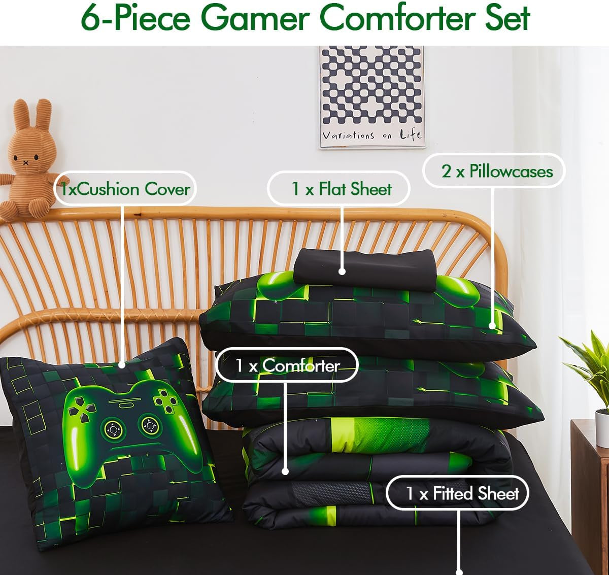 Dluxe Ave. ( TWIN ) 6 Pieces Bedding Set/ Green & Black