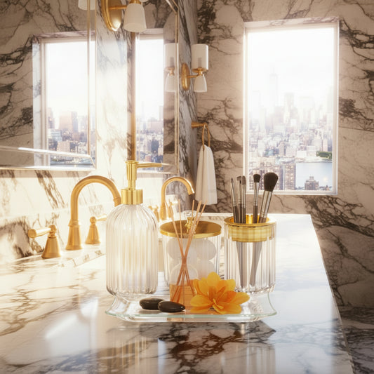 Dluxe Ave. Bathroom Accessories Set/ 4Pcs Clear and Gold Glass