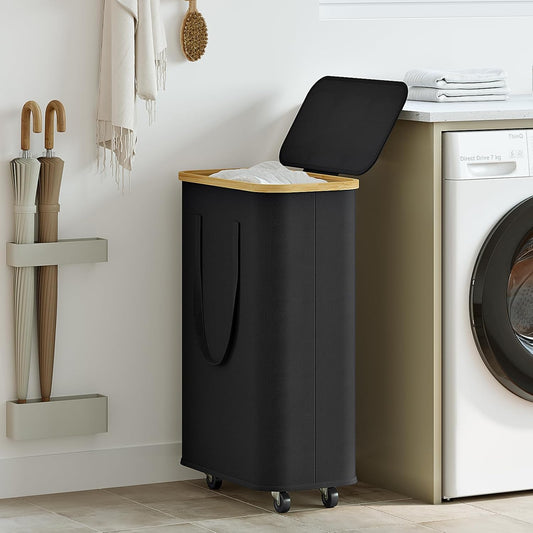 Dluxe Ave. Chirslley 60L Slim Laundry Basket with WheelsNarrow Laundry Hamper with Lid and Removable Liner Bag Foldable Clothes Hamper Organizer with Bamboo Handles for Bathroom Dorm Bedroom Black