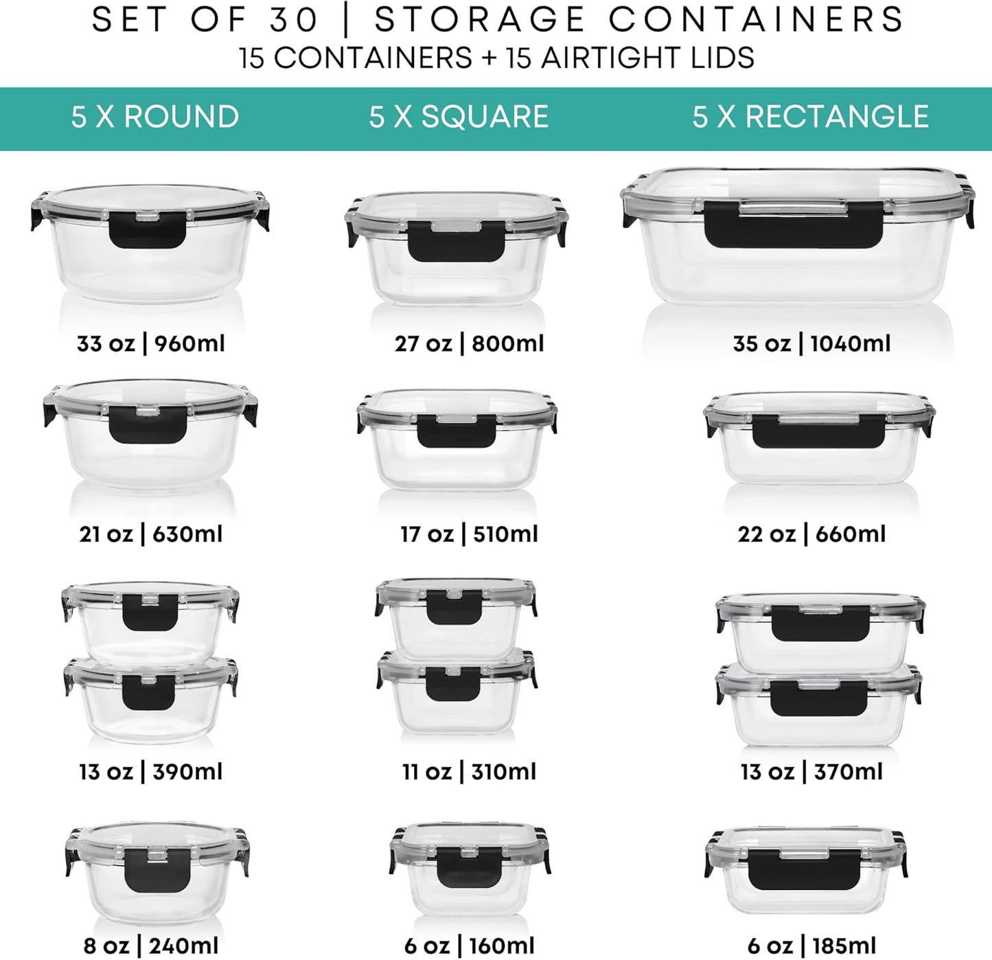 Dluxe Ave. 30 PC Glass Food Storage Containers with Lids /Reusable