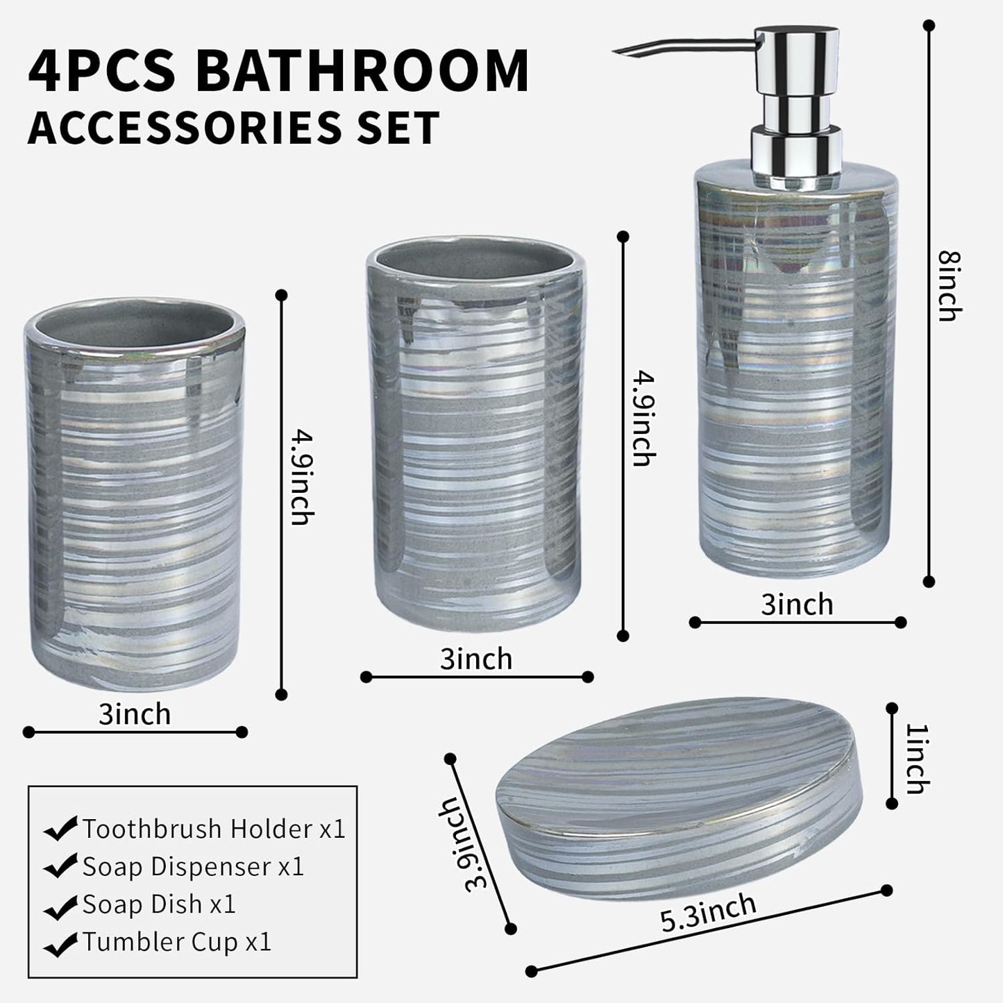 Dluxe Ave. Amaauto Gray Bathroom Accessories Set 4 Pcs Soap Dispenser Ceramic Bathroom Decor Set with Toothbrush Cup*2 Gray Soap Dispenser Soap Dish