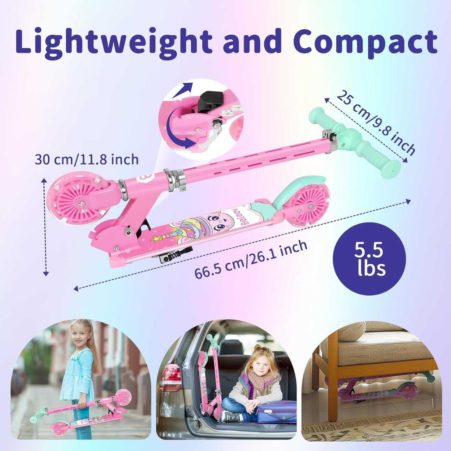 Dluxe Ave. BELEEV Scooters for Kids with Light-Up Wheels & Stem & Deck 2 Wheel Folding Scooter for Girls and Boys Ages 3-12 (Teal Pink)