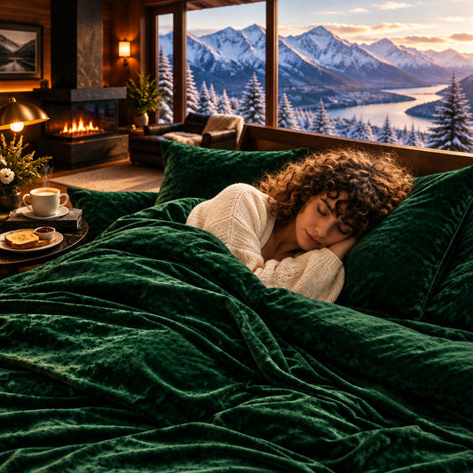 Dluxe Ave. (QUEEN) 5 Pcs Velvet Comforter Set/ Soft Luxury Silk Bedding/ Emerald Green