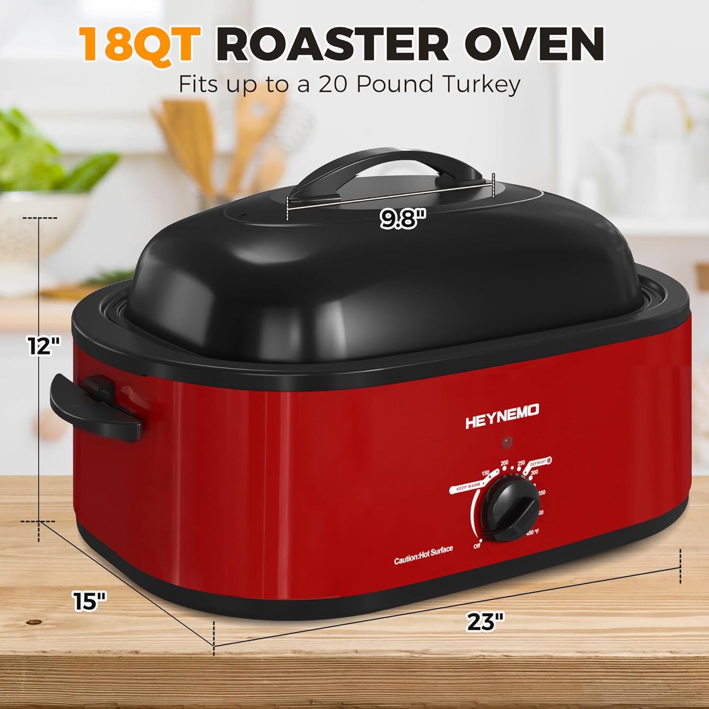 Dluxe Ave. 18 Quart Roaster Oven with Self-Basting Lid, Removable Pan & Rack, Stainless Steel, Red