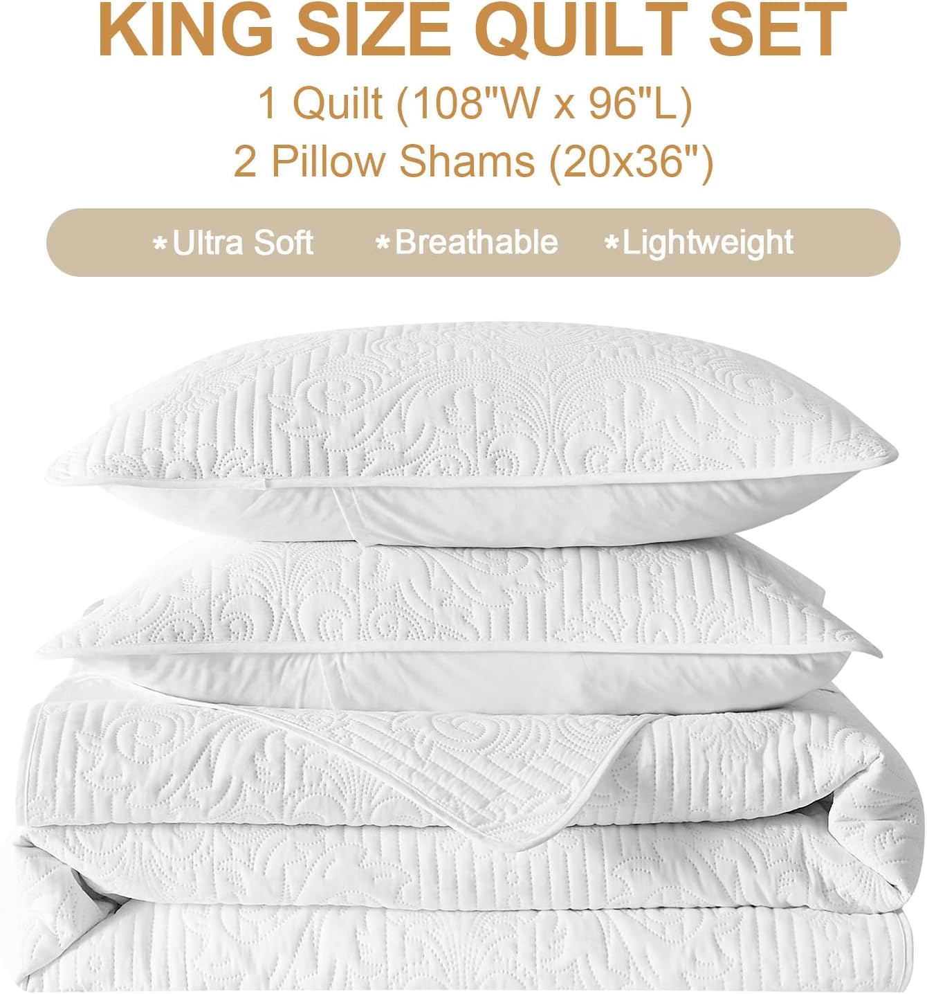 Dluxe Ave. ( CALI./ KING ) 3 Pcs Quilt Set/ Lightweight Summer Bedspread for All Seasons/ White