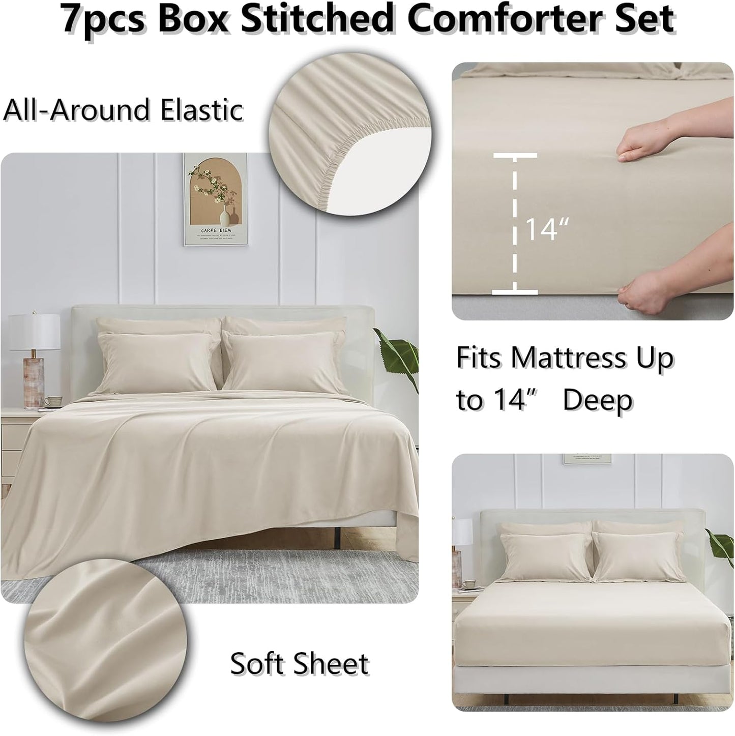 Dluxe Ave. ( FULL ) 7 Pcs Comforter Set, Box Stitch, for All Season/ Beige