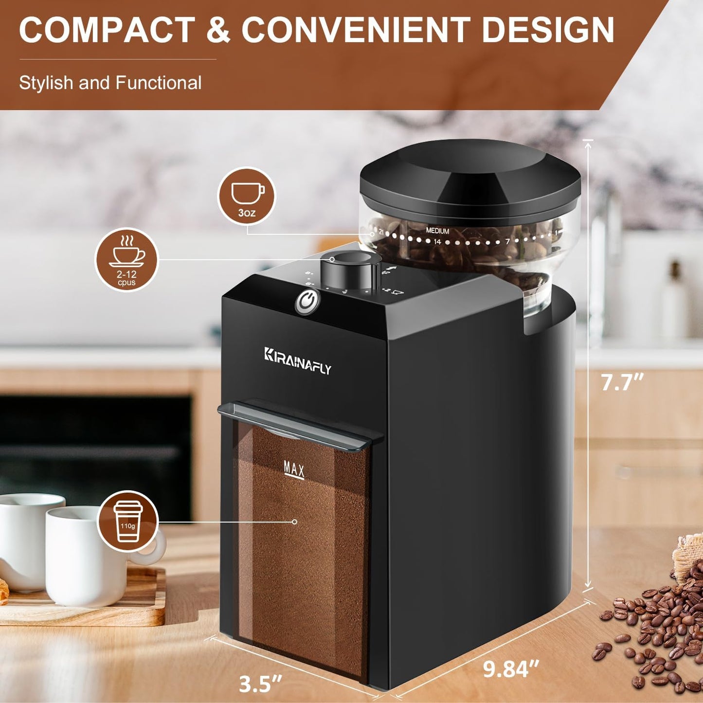 Dluxe Ave. Adjustable coffee grinder with 28 Precise/French Press Drip and Espresso12 Cups(Black)