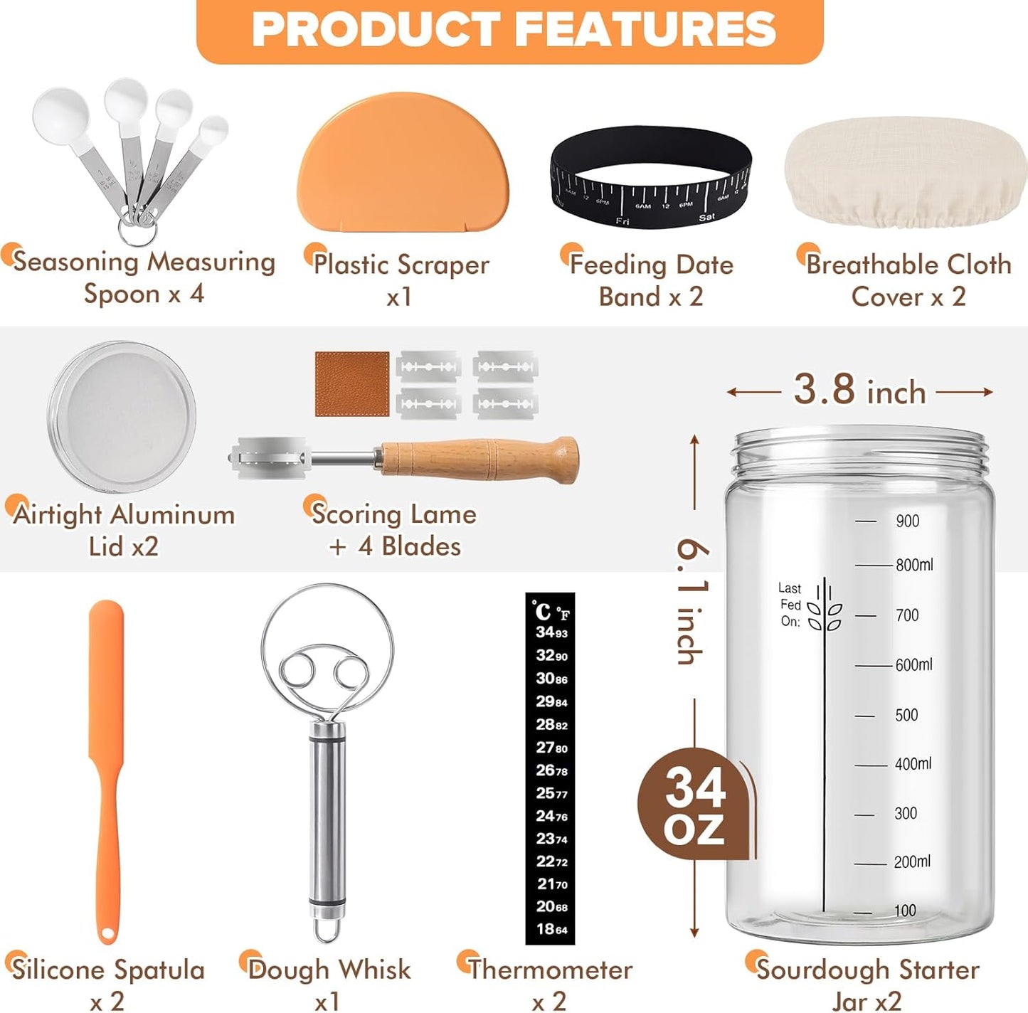 Dluxe Ave. RYTOXILO Sourdough Starter Jar Kit 34 Oz Glass Sourdough Jars Wide Mouth 9 Pack