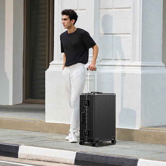 Dluxe Ave. Luggage PC+ABS Aluminum Frame Zipperless/ Checked Luggage/ Hard Shell/TSA Lock/Spinner Wheels 24 Inch/ (Black)