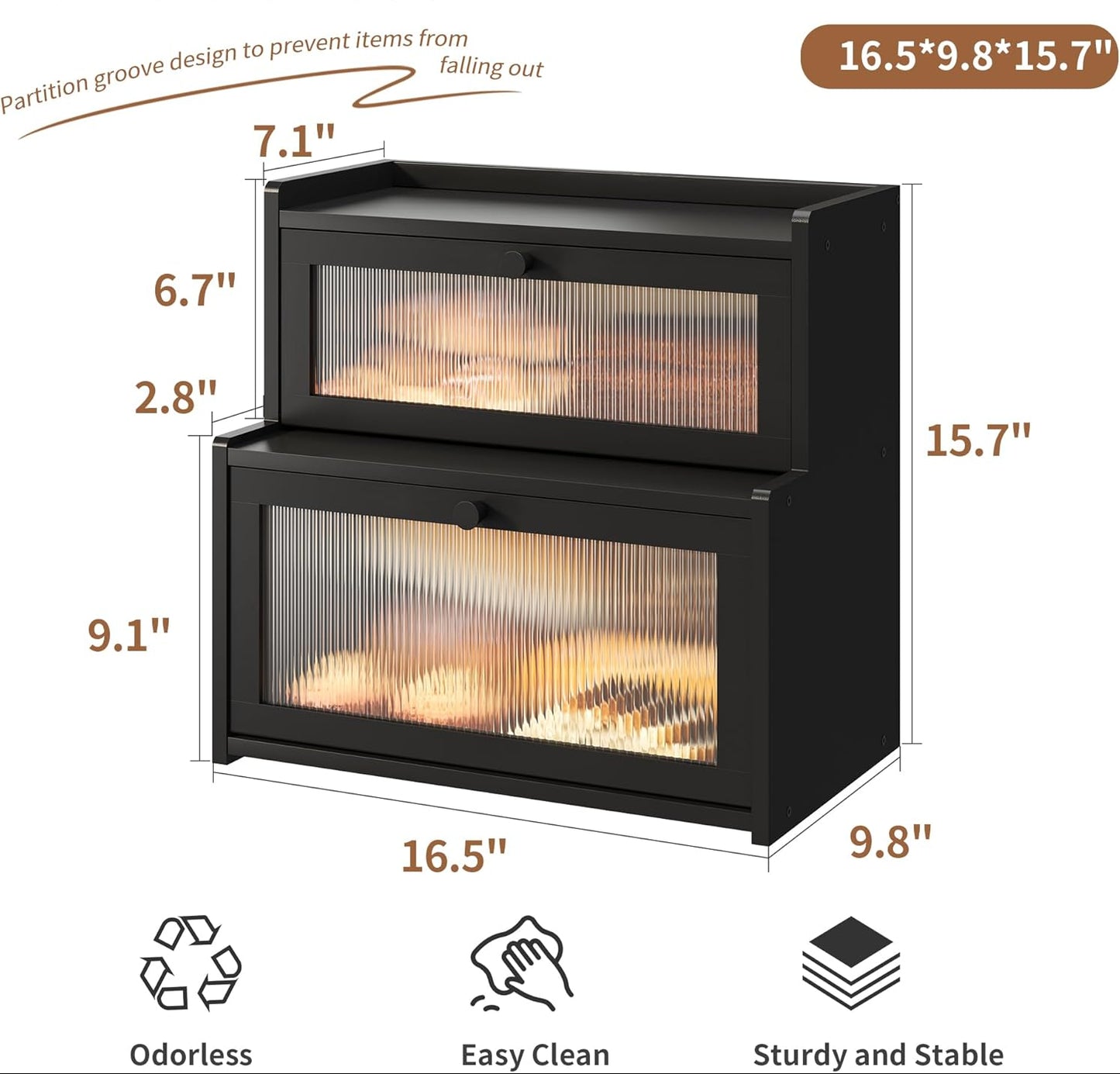 Dluxe Ave. Black Bread Box for Kitchen Countertop / Double Layer Large Corner