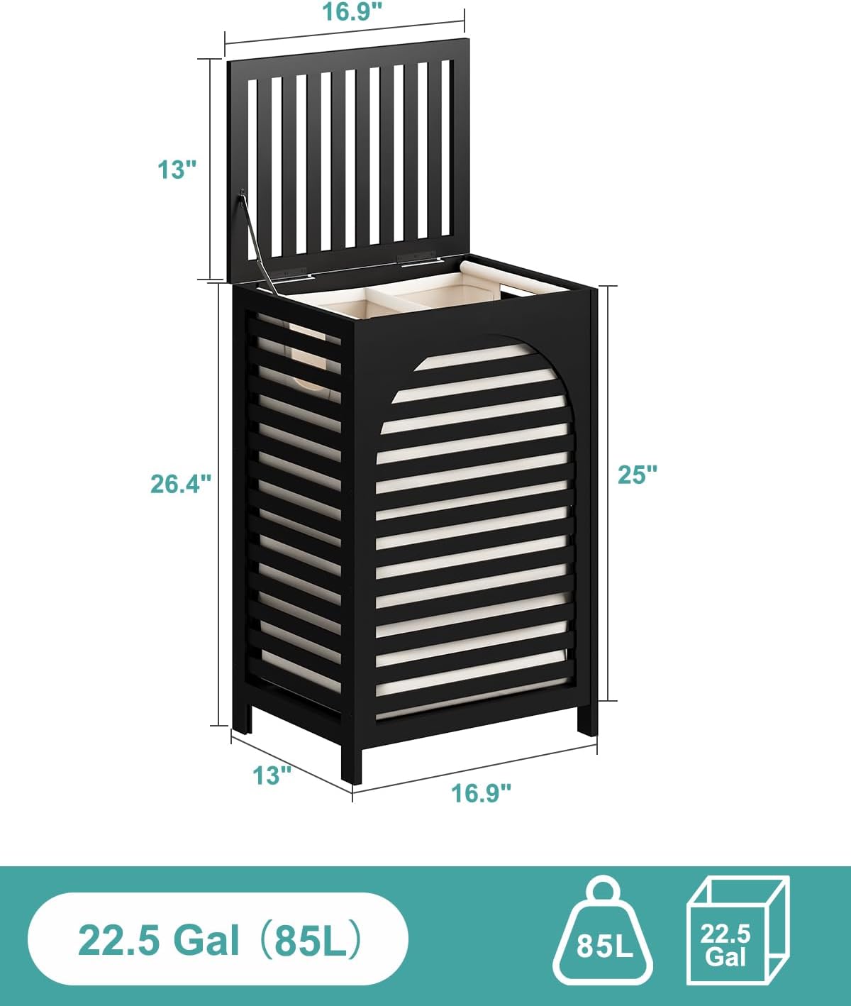 Dluxe Ave. Black Laundry Hamper Laundry Hamper with Lid 22.5 Gallon (85L) Bamboo Wood Clothes Laundry Basket with Lid and Handles Removable Liner