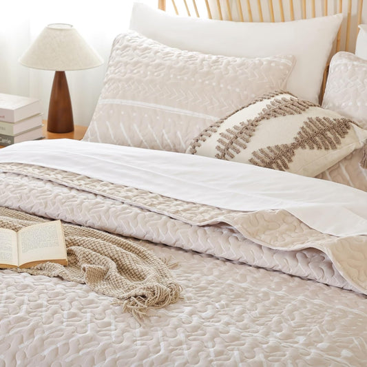 Dluxe Ave. ( QUEEN ) 3 Pcs Rice White Bedspreads, Boho Bedding Bedspreads, Soft Quilt, Lightweight/ Beige